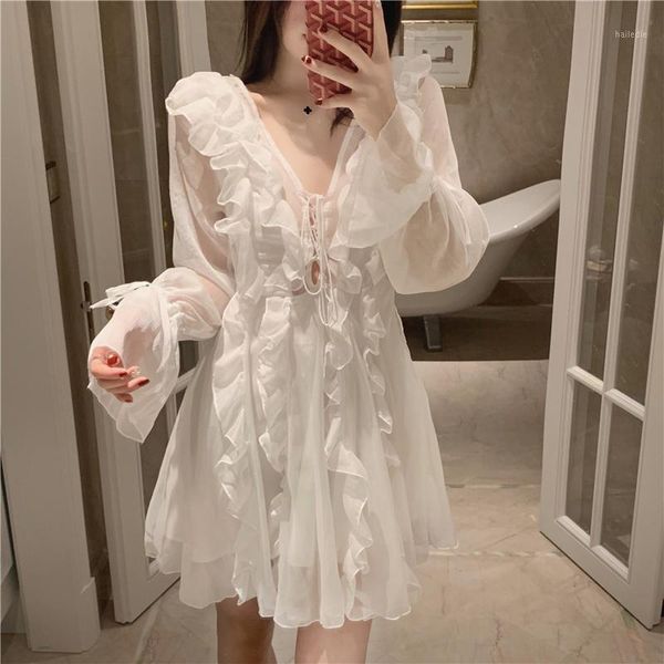 

white holidays fairy v-neck ruffles chiffon dress slimming lace up long flare sleeve pleated gauze perspective party dress1, Black;gray