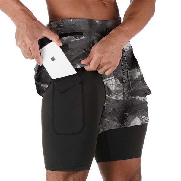 

men's 2 in 1 running camouflage leisure quick drying sport shorts built-in zipper pockets, White;black