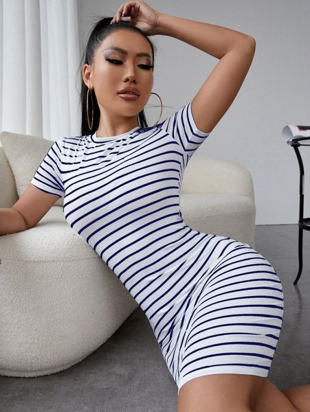 

sxy striped crew neck bodycon dress q6j8#, Black;gray