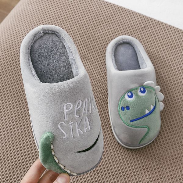 

autumn winter boys slippers girls cute cartoon dinosaur home shoes children warm fur slipper kids home baby slippers zapatillas y201028, Black;grey