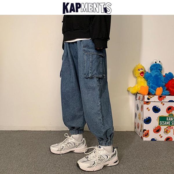 

kapments men patchwork pockets denim pants 2020 cargo jeans mens japanese harajuku joggers vintage trousers man loose sweatpants, Blue