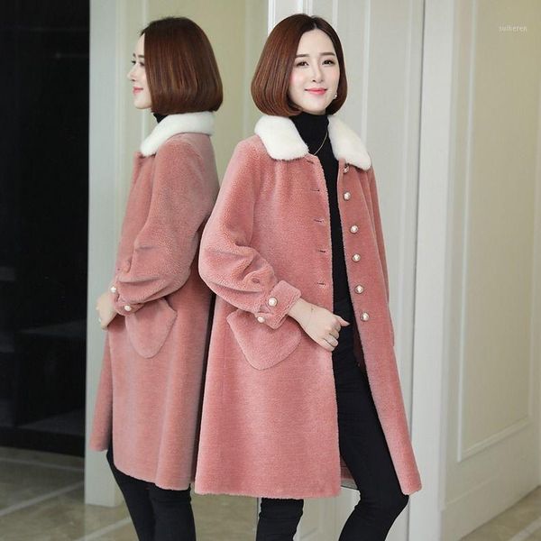 

2020 new women winter natural wool coat female warm real fur jacket sheep shearing fur with faux suede liner long overcoats a2321, Black