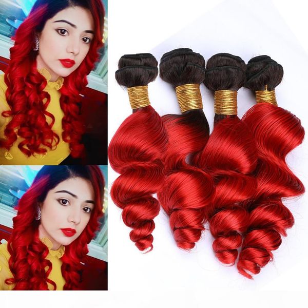 

brazilian human hair bright red ombre loose wave 4bundles 400gram #1b red black roots ombre loose wavy virgin human hair weave wefts 10-30&q, Black;brown