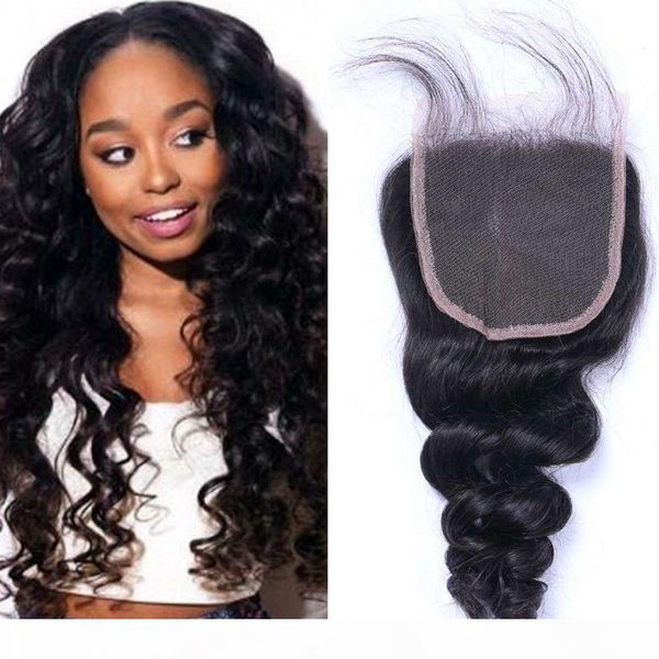 

loose wave lace closure 4x4 swiss lace 8-20 peruvian human hair closure hand tied natural color, Black;brown