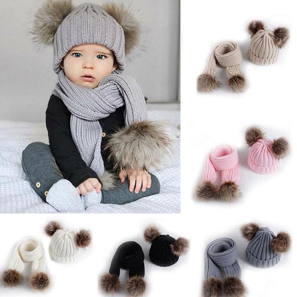 

2pcs winter new thick warm baby hat scarf for boy girl set cute double pompom kids children beanie scarves for boys girls1, Slivery;white