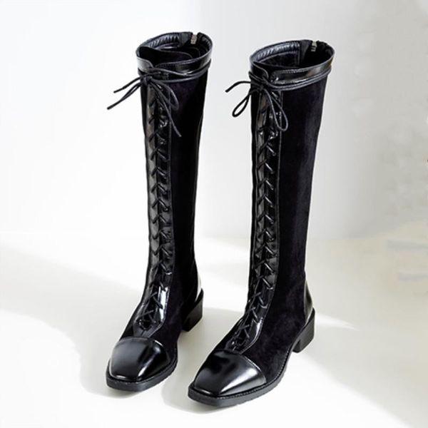 

luxury women boots mid-calf microfiber lady boot cotton fabric fashion leather boot square toe heel plush sewing women's boots, Black