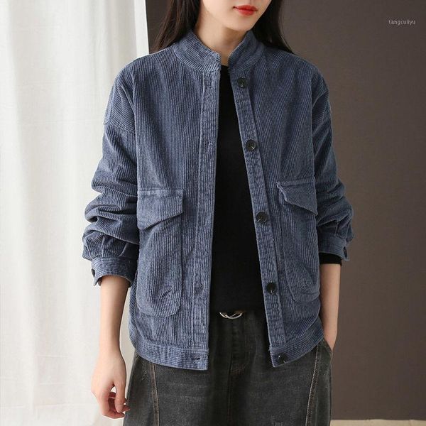 

new arrival 2020 autumn women single breasted jackets 100% cotton corduroy double pocket vintage casual short coat female s3131, Black;brown