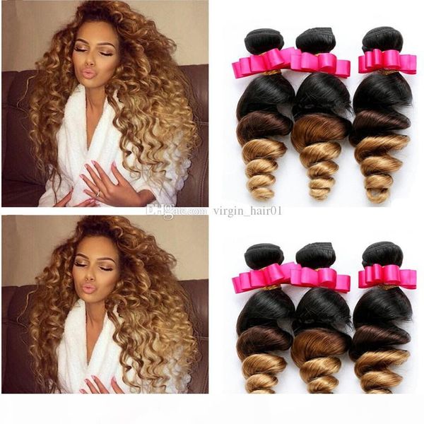 

unprocessed indian virgin human hair #1b 4 27 three tone brown blonde ombre virgin hair weave loose deep wave honey blonde hair bundles, Black;brown