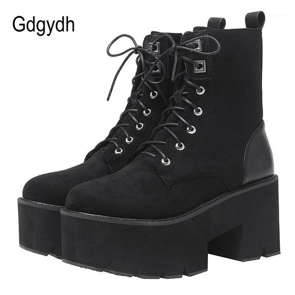 

boots gdgydh lace up motorcycle autumn punk women platform winter shoes plush inside square heel suede leather promotion1, Black