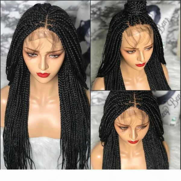 

22inch long braided box braids wig with baby hair natural black synthetic braiding hair lace front wig for african black women