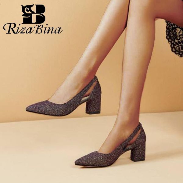 

rizabina size 33-43 new arrival women pumps shoes stylish pointed toe thick high heels shoes women fashion solid color footwear, Black