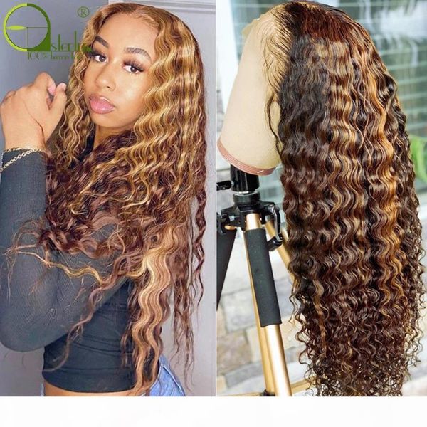 

sterly brazilian highlight wig brown colored human hair wigs t part lace wig 4 27 remy deep wave lace front human hair wigs, Black;brown