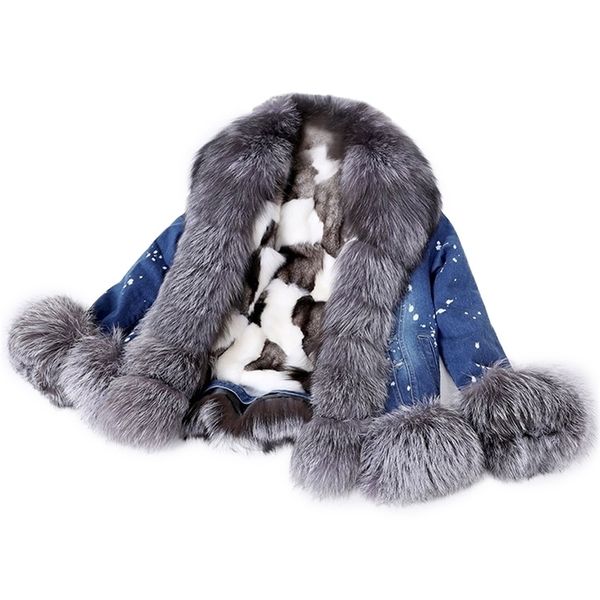 

genuine ultra short denim fox fur collar fashion plus velvet warm casual jacketdenim jacket women 201103, Black