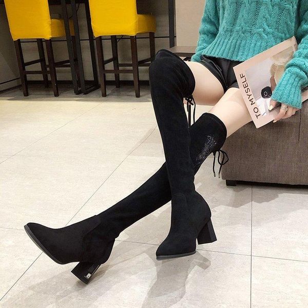 

shoes fashion boots woman thigh high heels high winter footwear booties ladies round toe punk over-the-knee, Black