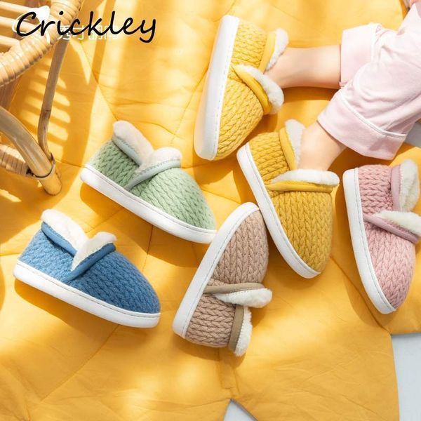 

solid slippers winter candy color kids indoor floor non slip shoes for boys girls woven pattern soft plush warm children slipper, Black