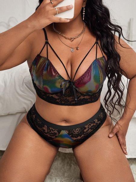 

plus contrast lace harness lingerie set i5td#, Black;white