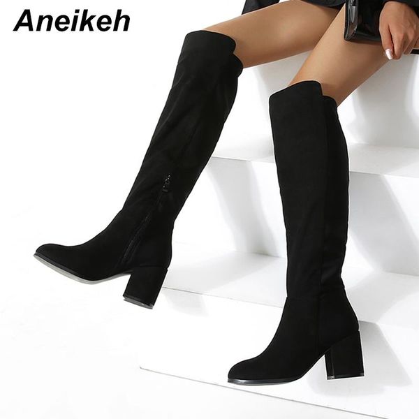 

aneikeh 2020 women's winter fashion flock riding knee-high boots square heel round toe zip sewing rome party size 35-40 black