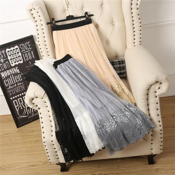 

весна летние женщины кружева плиссированные юбки мода повседневная сетчатая юбка пустотехнику изящная изящная лоскутная a-line черная белая, Black