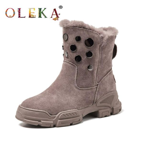 

boots oleka leather mid-calf winter square heel metal decoration round toe womans leisure style snow as679, Black