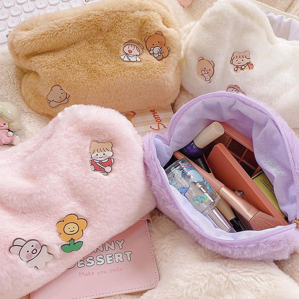 

fashion women soft cosmetic bag with 3 badges japanese cute pencil pen makeup storage organizer bag pouch for student girls