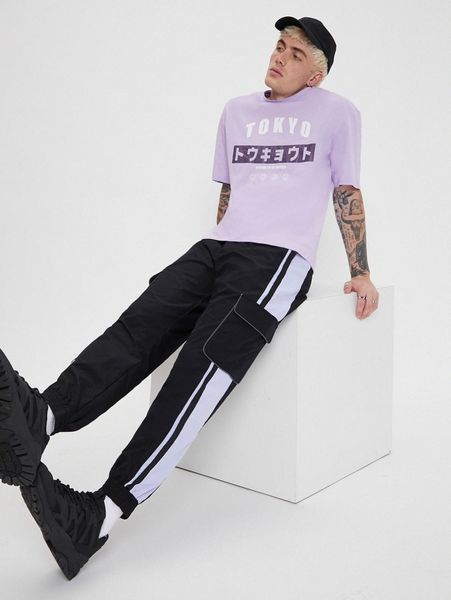 

men flap pocket contrast side seam pants r8et#, Black