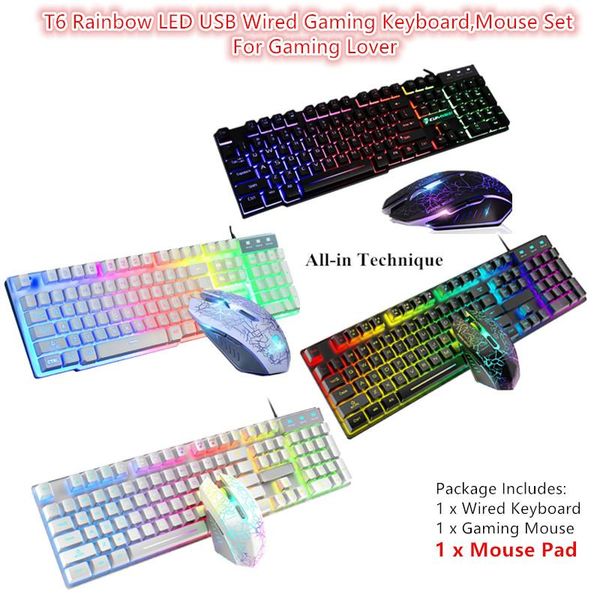 

1set rgb t6 rainbow led backlit multimedia ergonomic usb wired gaming keyboard wired mice and mouse pad for pc lapgame lover