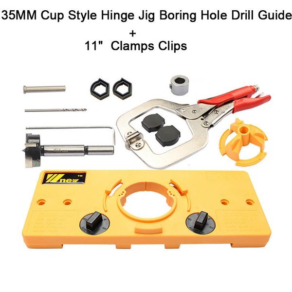 

concealed 35mm cup style hinge jig boring hole drill guide + 11" inch face clamp locking c-clamp pliers gf31