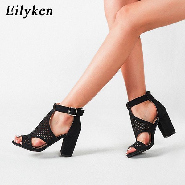 

eilyken 2020 new gladiator sandals women fashion mesh pu leather open toe zip low heels ladies ankle buckle strap party shoes 0928, Black