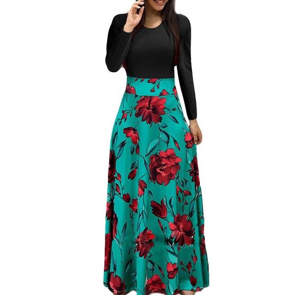 

none women clothing autumn dress floor-length casual polyester dress for girls 2021 full print o-neck natural straight dresses, Black;gray