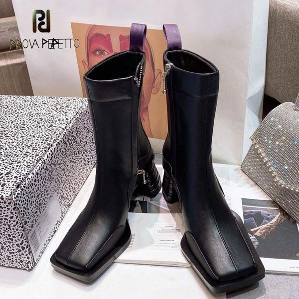 

boots women's retro square toe 2021 side zipper genuine leather fashion thick heel thinner mid-tube all-match, Black