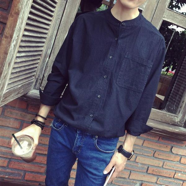 

2020 spring summer solid men's slim fit neck long sleeve linen shirt1, White;black