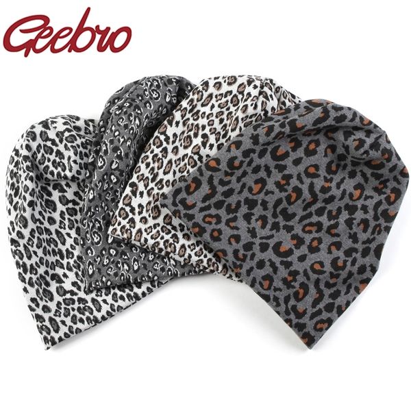 

geebro new women hip hop fashion leopard print warm hat caps for girl dot spring autumn cotton baggy beanies skullies hats y201024, Blue;gray