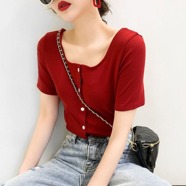 

efinny casual women t-shirt button o-neck lady tee knit short-sleeved women's t shirt, White