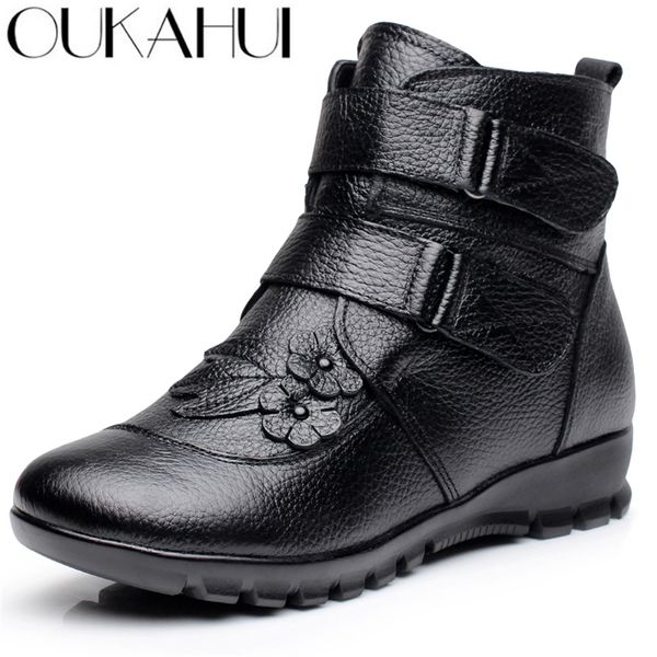 

oukah winter genuine leather ladies ankle boots women black flat flower waterproof warm cow leather short snow boots woman 201226