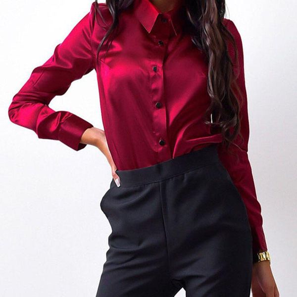 

women's blouses & shirts casual solid female outwear 2021 sping women satin blouse office lady turn down collar button loose clothing, White