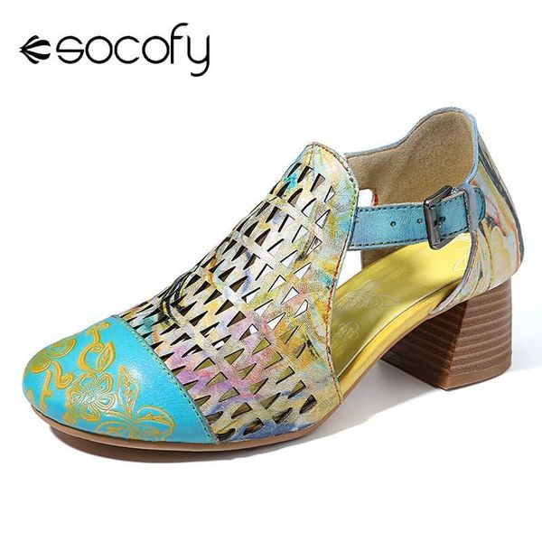 

socofy hand painted sandals retro veins genuine leather splicing big head hollow soft sandals shoes women sandalias mujer 2020, Black