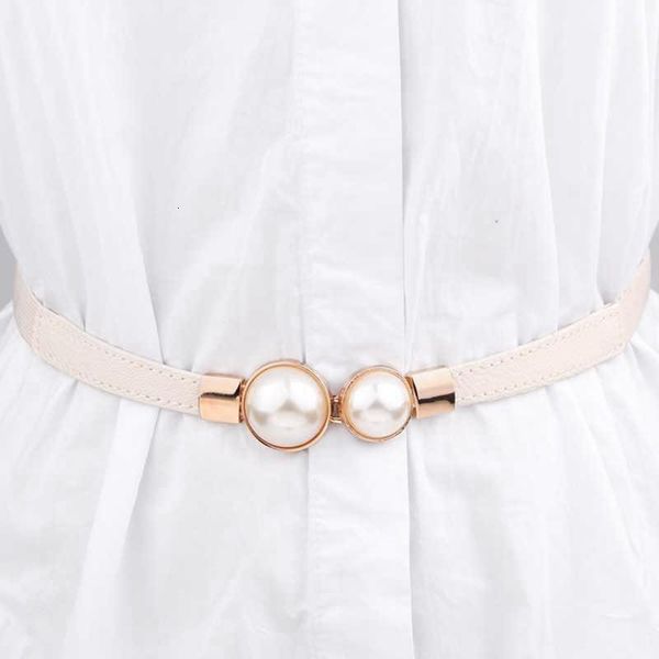 

women double pearl belt female black red white pu leather dress skirt waist elastic thin belts ladies designer waistband, Black;brown