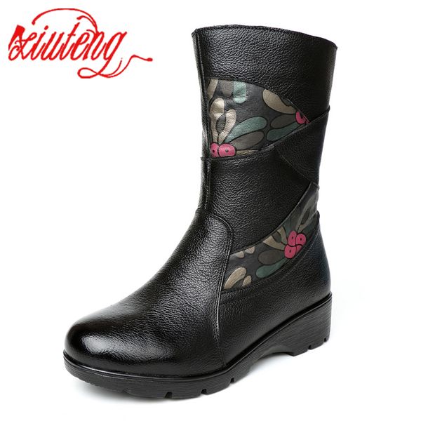 

xiuteng 2020 winter new mother cotton shoes middle-aged flat bottom wedge in the tube women's boots leather warm boots, Black
