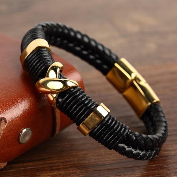

new gold stainless steel bracelet men's jewelry classic punk style leather double woven rope bracelet men's gift, Golden;silver