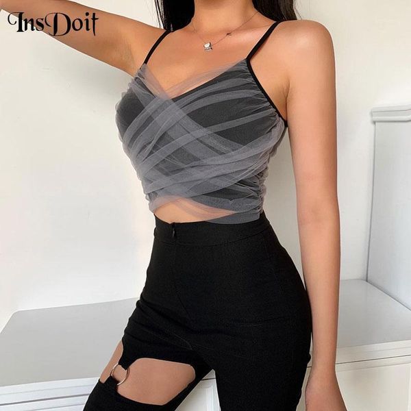 

insdoit black mesh patchwork tank gothic harajuku spaghetti straps slim crop women fashion streetwear casual camis1, White
