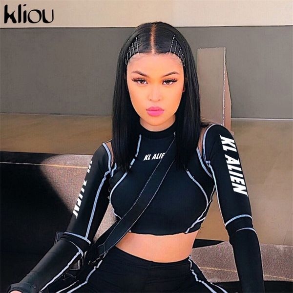 

kliou women turtleneck full sleeve sweatshirts letter print strap patchwork black short crop female pullovers hoodies y200107
