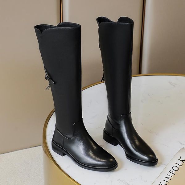 

сжатый колено высокие сапоги для женщин из натуральной кожи толстые низкие каблуки обувь женщина на каблуках свадебная тонкий длинные мотоци, Black