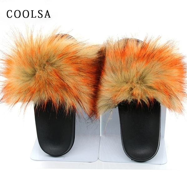 

new women slippers faux fox fluffy woman raccoon fur slides winter warm home slipper furry flip flop plush shoes y200424, Black