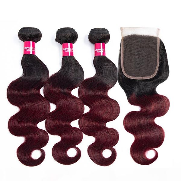 

two tone ombre 1b 99j brazilian human hair body wave with 4x4 closure burgundy ombre lace closure with hair bundles, Black;brown