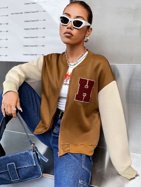 

letter patch detail drop shoulder two tone bomber jacket g3lo#, Black;brown