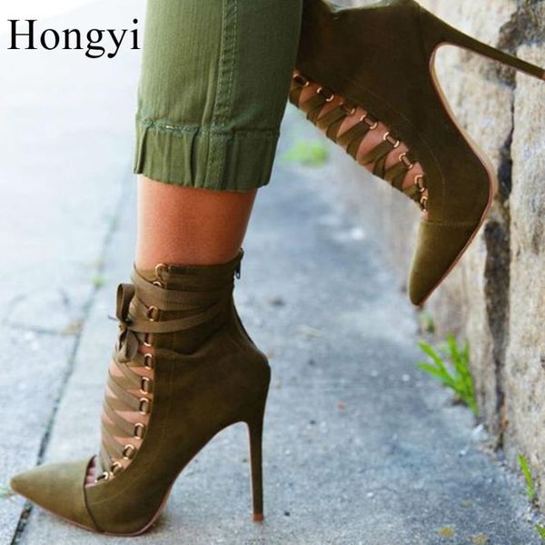 

boots hongyi brand soft suede leather pointed toe high heel woman lace up season ankle botas big size booty, Black
