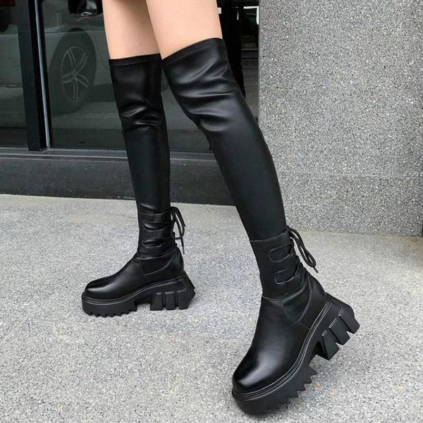 

leather thigh high boots women black flat over the knee boots for women round toe party long shoes thick sole botas mujer #vm8k
