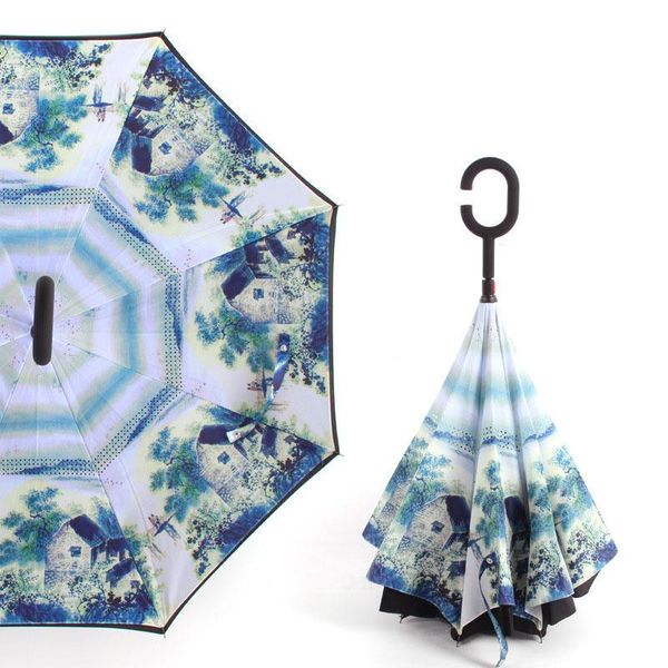 

2 слоя ветрозащитный umbrella обратный складной двухслойный перевернутый зонтик самостоятельно стенд защита дождя c крюк руки для автомобиля