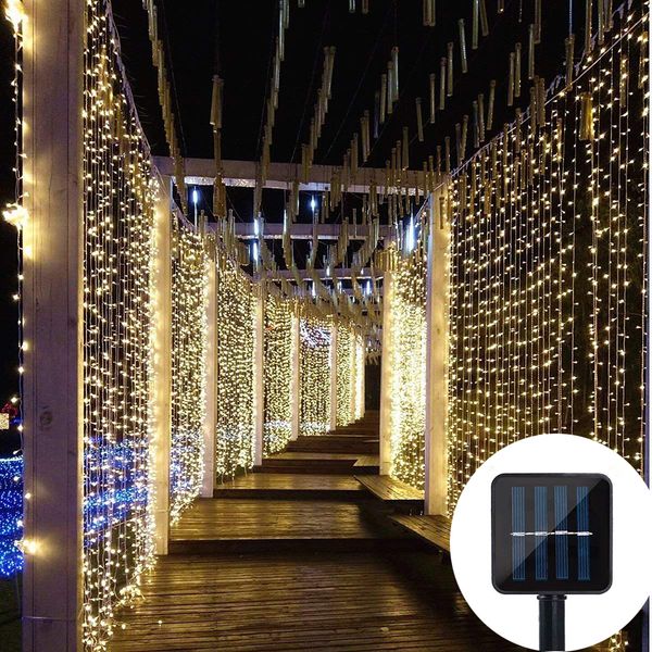 

2021 new 3x 300 led solar curtain string waterproof 8 modes outdoor garden patio decorations lights for wedding party christmas 5lv3