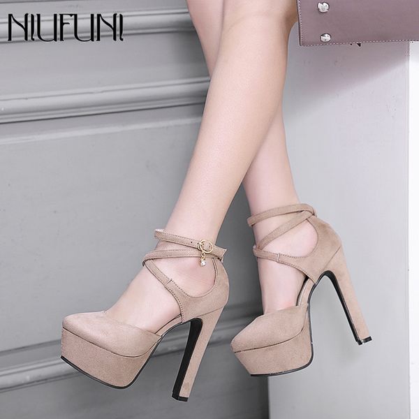 

niufuni 2020 fashion 14cm ultra high heels sweet round toe platform pumps flock cross-tied women sandals summer shoes woman y200702, Black